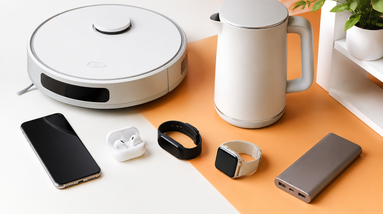Smart home gadgets: robot vacuum, kettle, smartphone, earbuds and smart watch